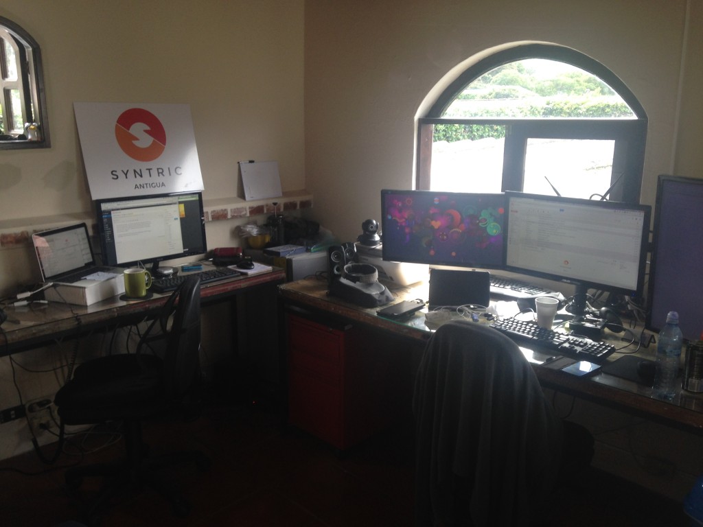 The Syntric developers den -- loads of computers, monitors, hard drives, and other computer hardware.